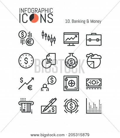 Set Of Unique Thin Line Icons Banking And Money: Investment Stock Exchange Rates Market Trading Brok