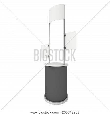 Stall or Kiosk Modern Promostand Reception Desk. Trade show booth white and blank. 3d render illustration isolated on white background. Template mockup for your expo design.