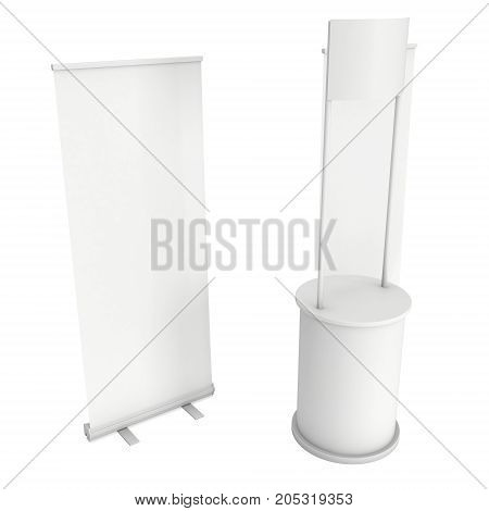 Stall or Kiosk Modern Promostand Reception Desk with roll up. Trade show booth white and blank. 3d render illustration isolated on white background. Template mockup for your expo design.