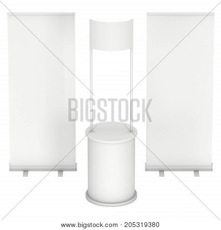 Stall or Kiosk Modern Promostand Reception Desk with roll up. Trade show booth white and blank. 3d render illustration isolated on white background. Template mockup for your expo design.