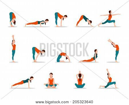 Young girl practicing yoga, set of different poses on white background. Meditation, stretching and relaxation in women positions vector illustration.