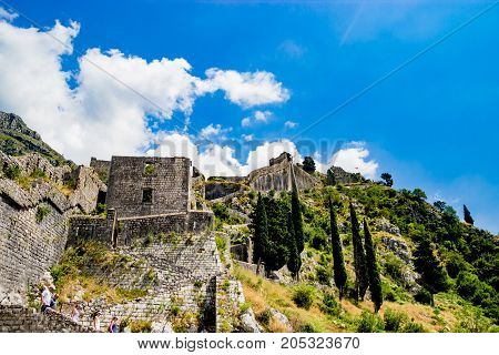 The ancient wall of a fortress in Katar, Montenegro
