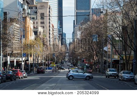 Melbourne, Australia - July 29, 2017: view west along Bourke Street in central Melbourne. Bourke Street is the major shopping street in central Melbourne.