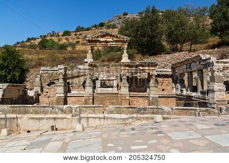 Fountain of Trajan, Nymphaeum Traiani, in Ephesus ancient city, Selcuk, Turkey.