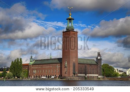Scenic view of the City Hall from Riddarholmskyrkan Stockholm Sweden