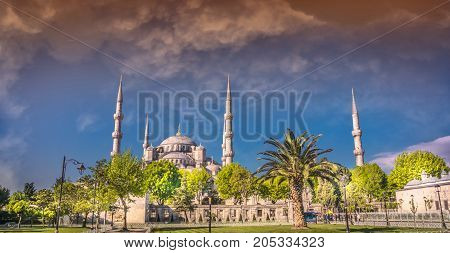 Blue Mosque in Istanbul Turkey panorama at sunset