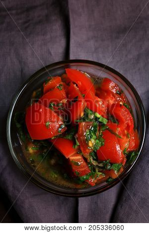 Salsa with garlic tomatoes and olive oil Flat lay top view