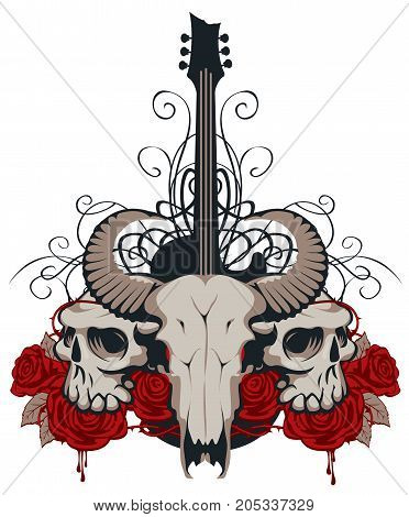 Vector illustration with skulls of a horned animal and human electric guitar red roses and drips of blood