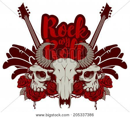 Vector illustration with skulls of a horned animal and human electric guitar feathers red roses drips of blood and inscription rock and roll