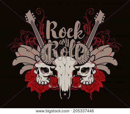 Vector illustration with skulls of a horned animal and human electric guitar feathers red roses drips of blood and inscription rock and roll