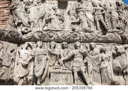 Details Of Arch Of Galerius In Thessaloniki, Greece Depicting Philosophers Of Antique Greece