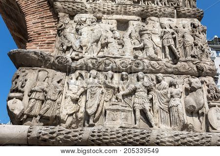 Details Of Arch Of Galerius In Thessaloniki, Greece Depicting Philosophers Of Antique Greece
