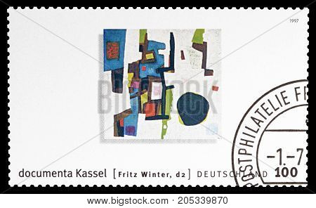 GERMANY - CIRCA 1997 : Cancelled postage stamp printed by Germany, that Promotes Modern Art Exhibition Kassel, circa 1997.