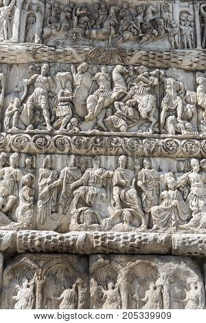 Details Of Arch Of Galerius In Thessaloniki, Greece Depicting Philosophers Of Antique Greece