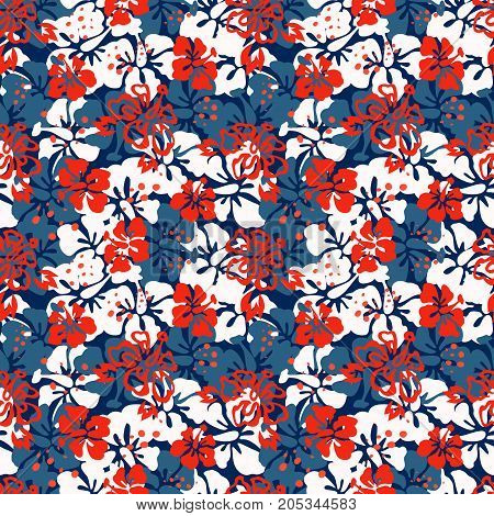 Abstract seamless pattern. Creative vector background hawaiian tropical floral wallpaper with branches ferns tropical herb. Summer exotic print with jungle plant palm leaves. Trendy colors