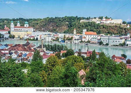 Passau city with Saint Stephen's cathedral Lower Bavaria Germany. Travel destination. Cultural heritage. Autumn urban scene.