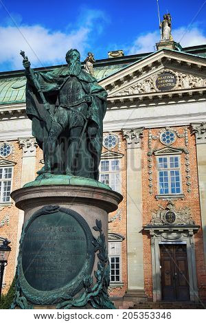 STOCKHOLM SWEDEN - AUGUST 19 2016: View on Statue of Gustavo Erici in front of Riddarhuset (House of Nobility) Riddarhustorget Palace in Stockholm Sweden on August 19 2016.