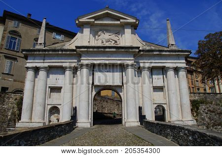 Bergamo, Italia -  August 17, 2017: Old town city cate of Bergamo, Saint Giacomo Gate.