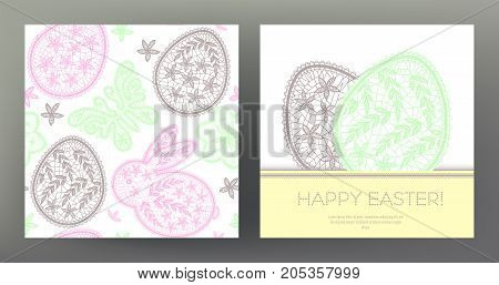 Set of postcard or banner for Happy Easter Day with lace eggs and cute rabbits and seamless pattern. Graphically, silhouette drawing. Stock line vector illustration.