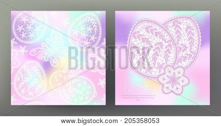 Set of postcard or banner for Happy Easter Day with lace eggs and cute rabbits and seamless pattern. Graphically, silhouette drawing. Stock line vector illustration.
