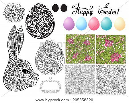 Set of design elements for Happy Easter Day with lace eggs and cute rabbits and seamless pattern. Stock line vector illustration.
