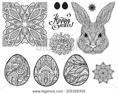Set of design elements for Happy Easter Day with lace eggs and cute rabbits and seamless pattern. Stock line vector illustration.