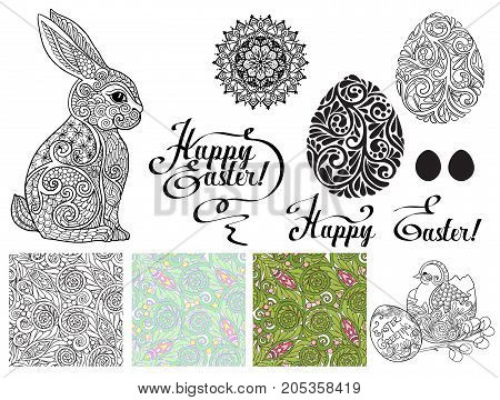 Set of design elements for Happy Easter Day with lace eggs and cute rabbits and seamless pattern. Stock line vector illustration.
