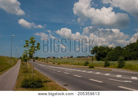 Road In The Suburbs Of The Town Naestved In Denmark