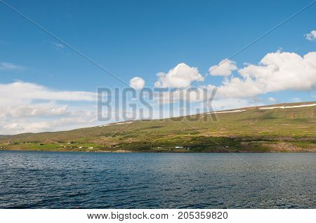 Coast of eyjafjordur in Iceland on a sunny day