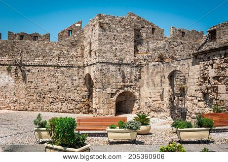 Ruins of old medieval fortress in Rhodes town on Rhodes island, Greece