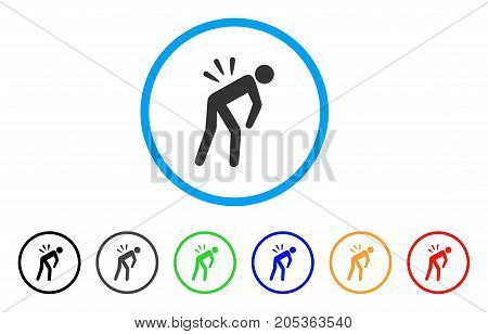 Sciatica Back Pain rounded icon. Style is a flat sciatica back pain grey symbol inside light blue circle with black, gray, green, blue, red, orange versions.