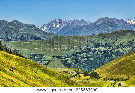 Beautiful landscape in Pyrenees mountains. In the distance there is Col de Val Louron Azet and the poit of view is on Col de Peyresourde.