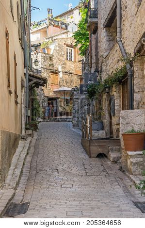 TOURRETTES-SUR-LOUP FRANCE - APRIL 25 2016: Street of Tourrettes-sur-Loup a medieval village in the Alpes-Maritimes department in southeastern France