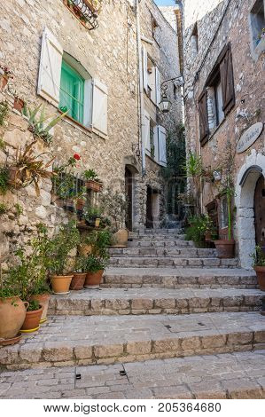 TOURRETTES-SUR-LOUP FRANCE - APRIL 25 2016: Street of Tourrettes-sur-Loup a medieval village in the Alpes-Maritimes department in southeastern France