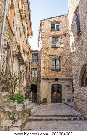 TOURRETTES-SUR-LOUP FRANCE - APRIL 25 2016: Street of Tourrettes-sur-Loup a medieval village in the Alpes-Maritimes department in southeastern France