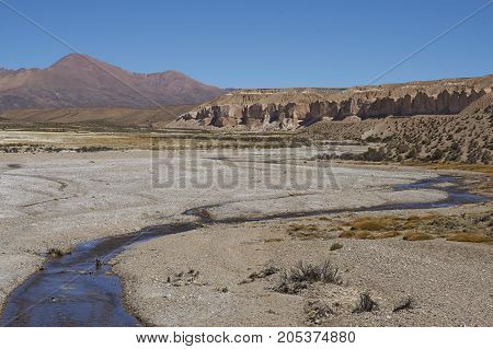 Quebrada Chuba, a wide river valley high on the Altiplano of northern Chile in Lauca National Park.
