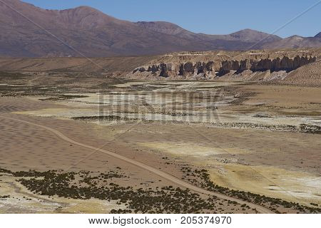 Quebrada Chuba, a wide river valley high on the Altiplano of northern Chile in Lauca National Park.