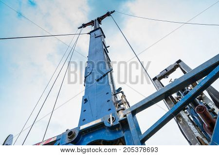Hydraulic lubricator and blowout preventer at oil and gas remote platform while operating to perforation on gas well. Oil rig activity.