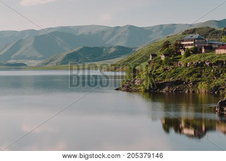 Aparan Reservoir Aragat region Armenia. horizontal shot in the afternoon