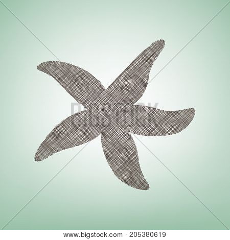 Sea star sign. Vector. Brown flax icon on green background with light spot at the center.