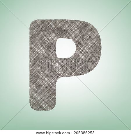 Letter P sign design template element. Vector. Brown flax icon on green background with light spot at the center.