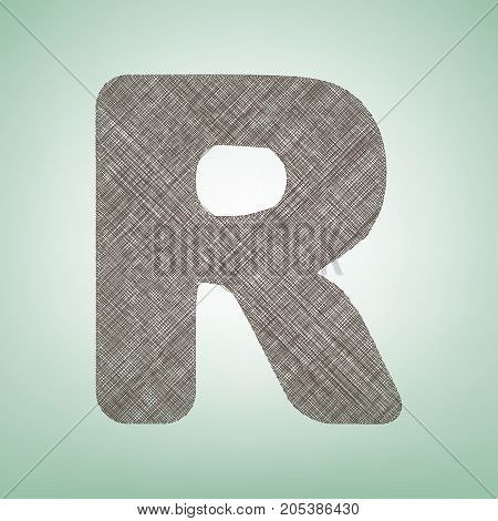 Letter R sign design template element. Vector. Brown flax icon on green background with light spot at the center.