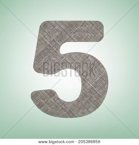 Number 5 sign design template element. Vector. Brown flax icon on green background with light spot at the center.