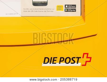 Wallisellen, Switzerland - 23 September, 2017: partial view of a letter box of the Swiss Post. The Swiss Post is the national postal service of Switzerland, being a public company owned by the Swiss Confederation.