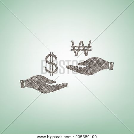 Currency exchange from hand to hand. Dollar and South Korea Won. Vector. Brown flax icon on green background with light spot at the center.
