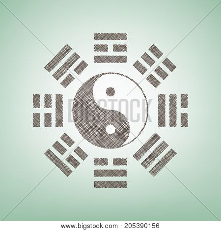 Yin and yang sign with bagua arrangement. Vector. Brown flax icon on green background with light spot at the center.