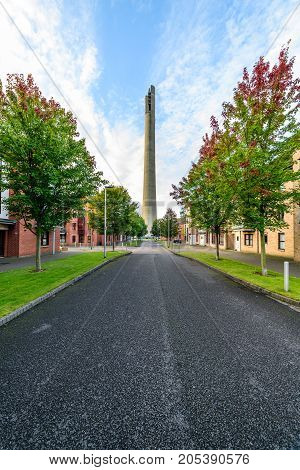 Northampton, UK - Sep 10, 2017: Northampton National lift tower over morning cityscape.