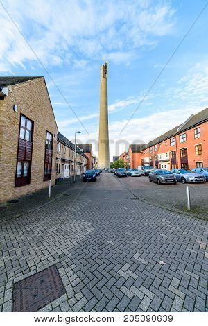 Northampton, UK - Sep 10, 2017: Northampton National lift tower over morning cityscape.