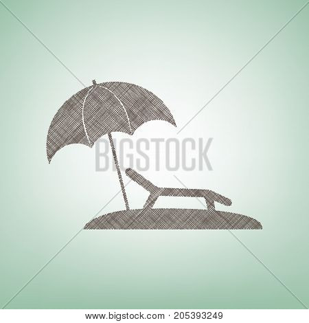 Tropical resort beach. Sunbed Chair sign. Vector. Brown flax icon on green background with light spot at the center.