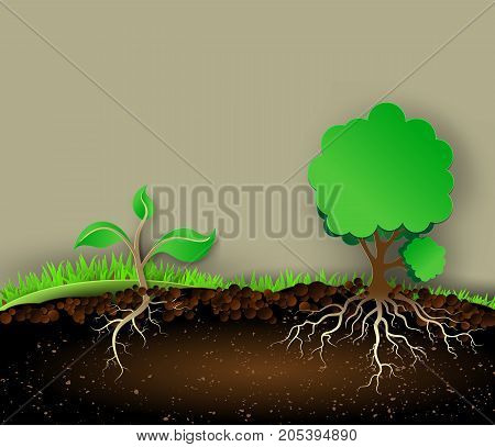 Tree illustration with green leaves and roots.paper cut style.